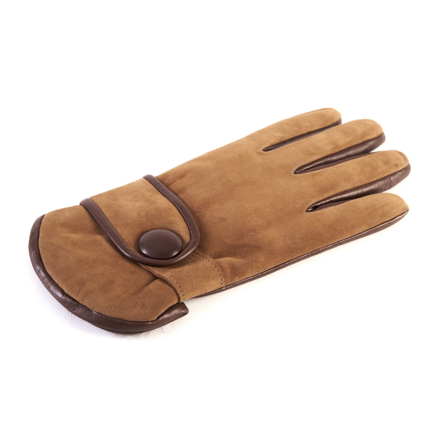 Men's tobacco nappa and suede leather gloves with button and real fur lining