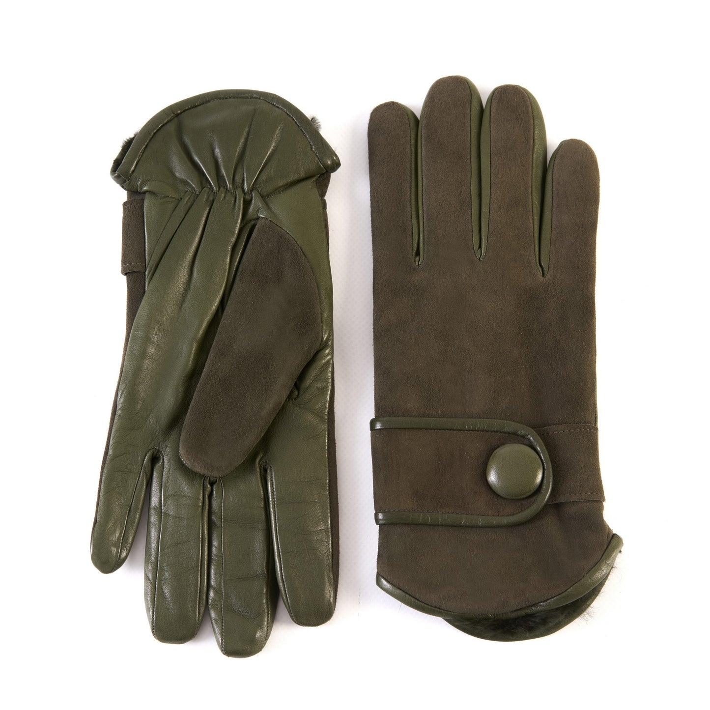 Men's green nappa and suede leather gloves with button and real fur lining