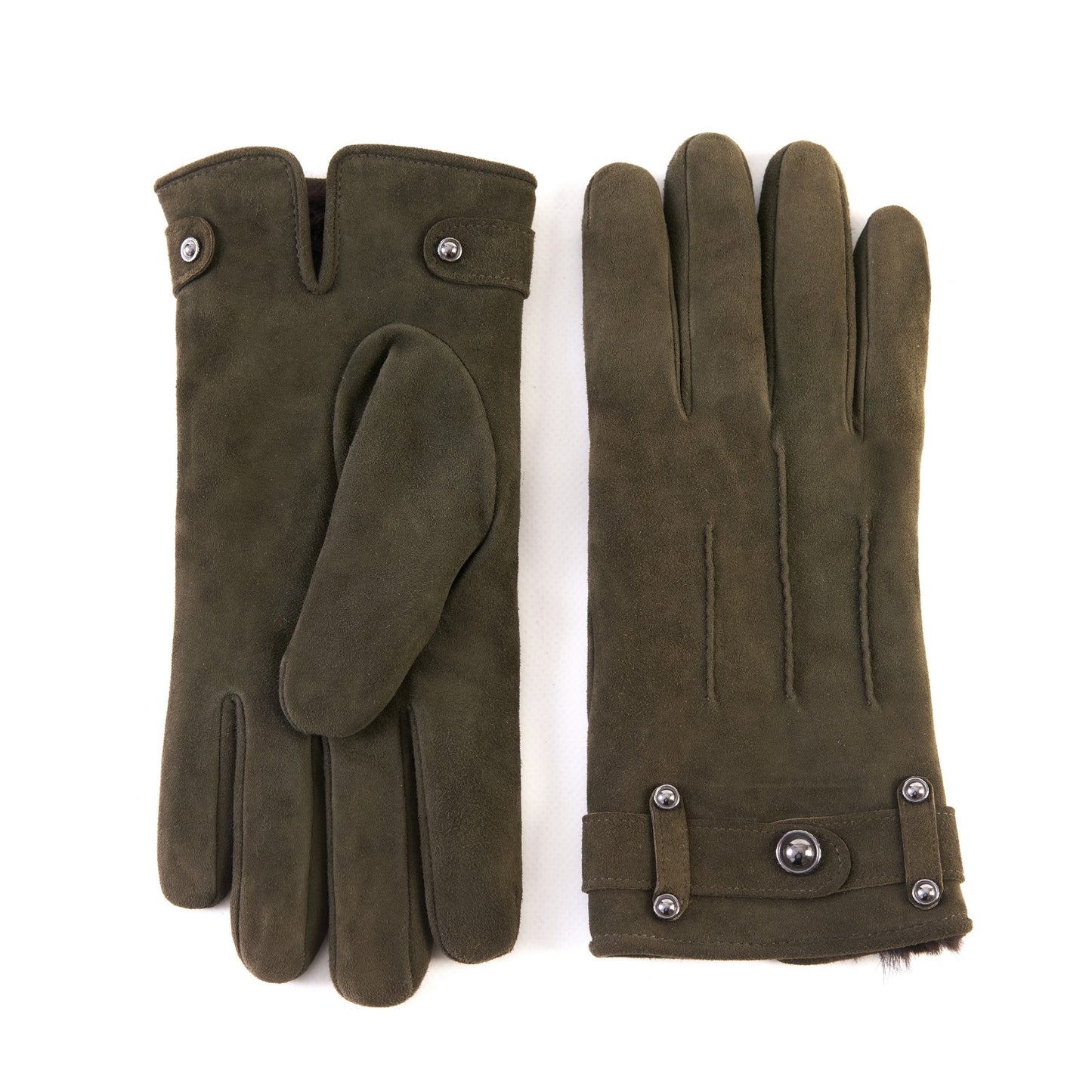 Men's green suede leather gloves with strap and cashmere lining