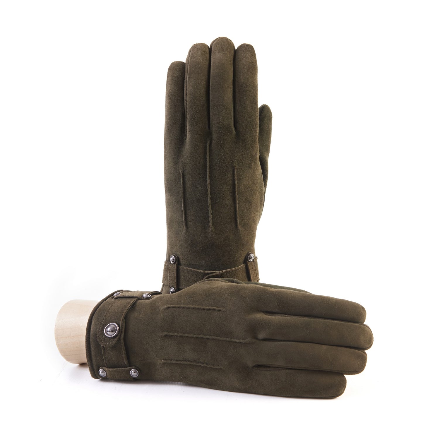 Men's green suede leather gloves with strap and cashmere lining