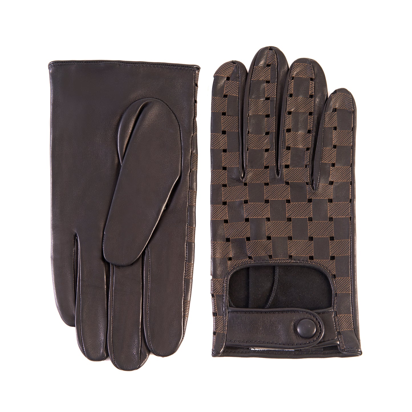 Men's black nappa leather driving gloves with laser-cut details