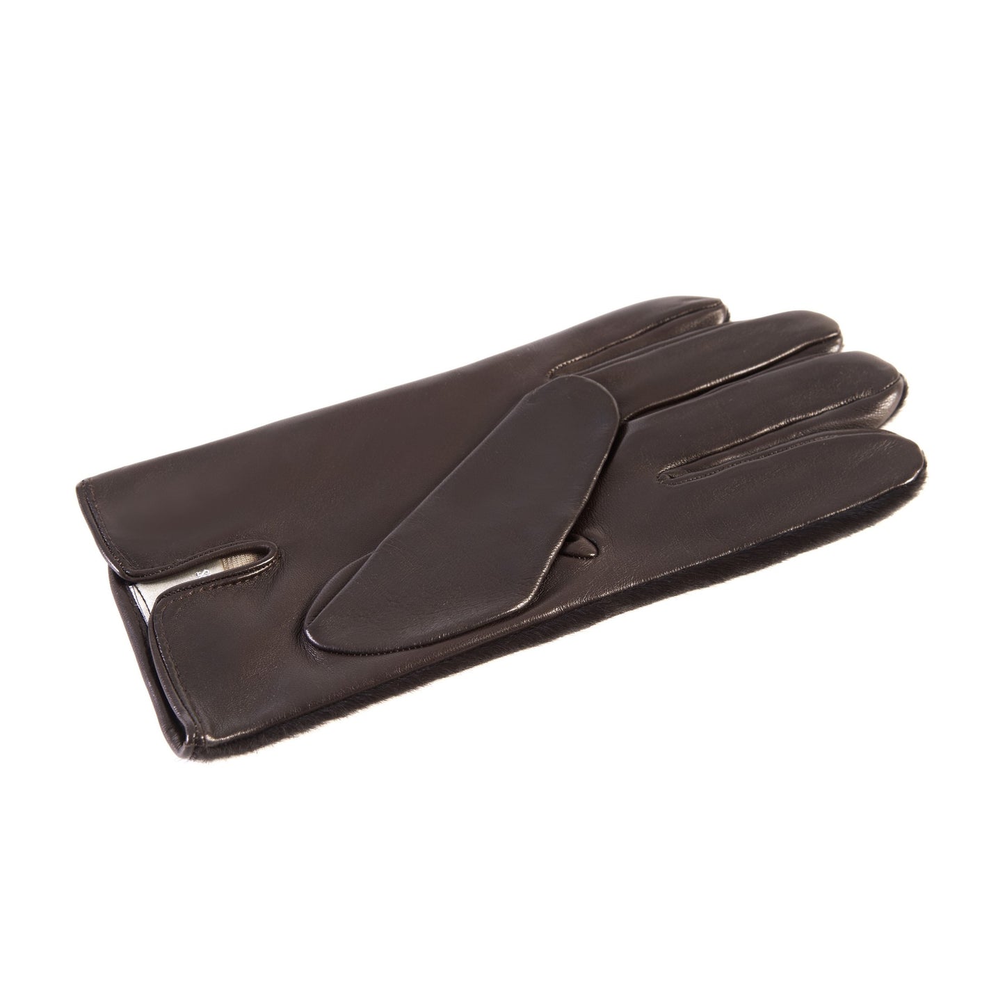 Men's brown nappa leather gloves with a pony panel on top and silk lined