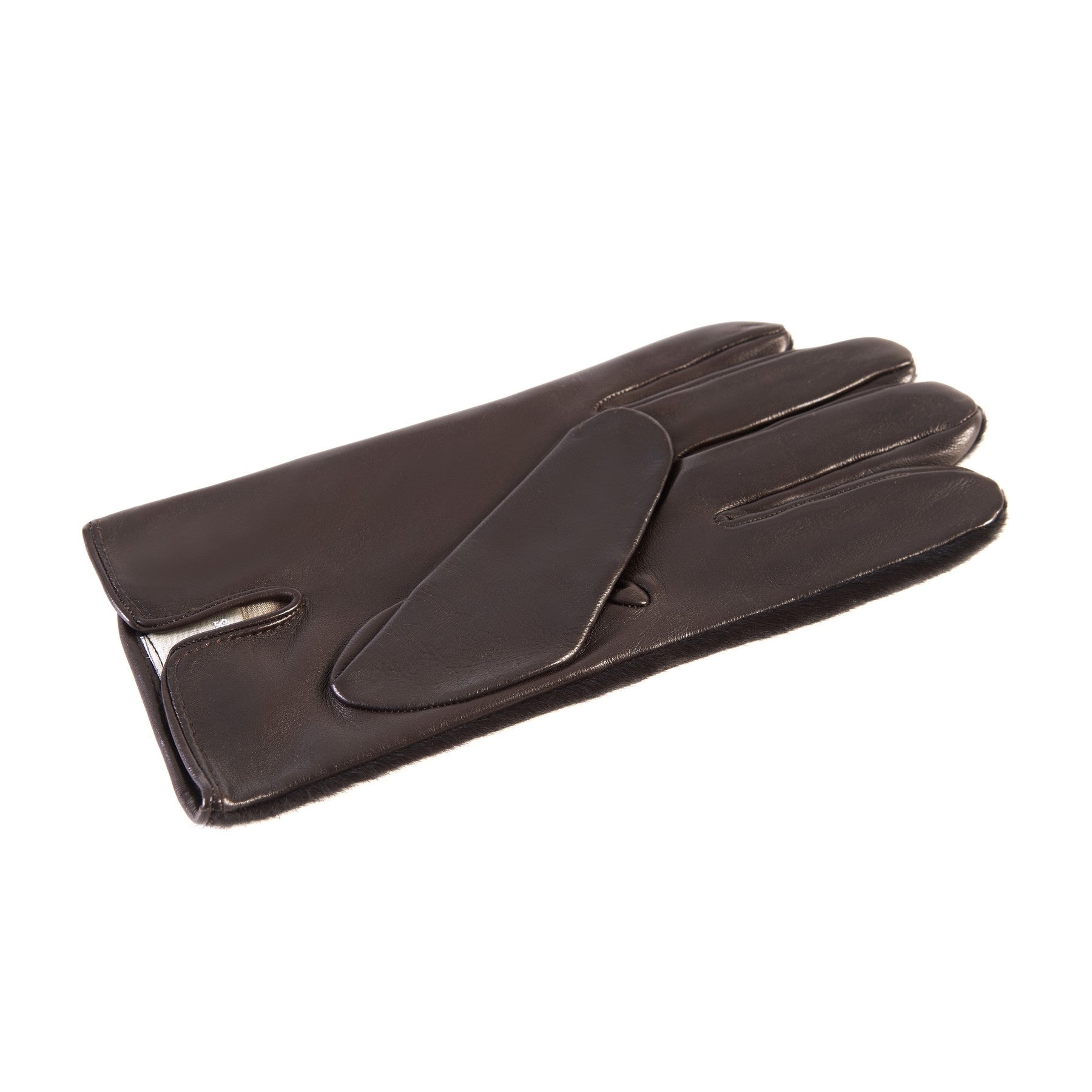 Men's brown nappa leather gloves with a pony panel on top and silk lined