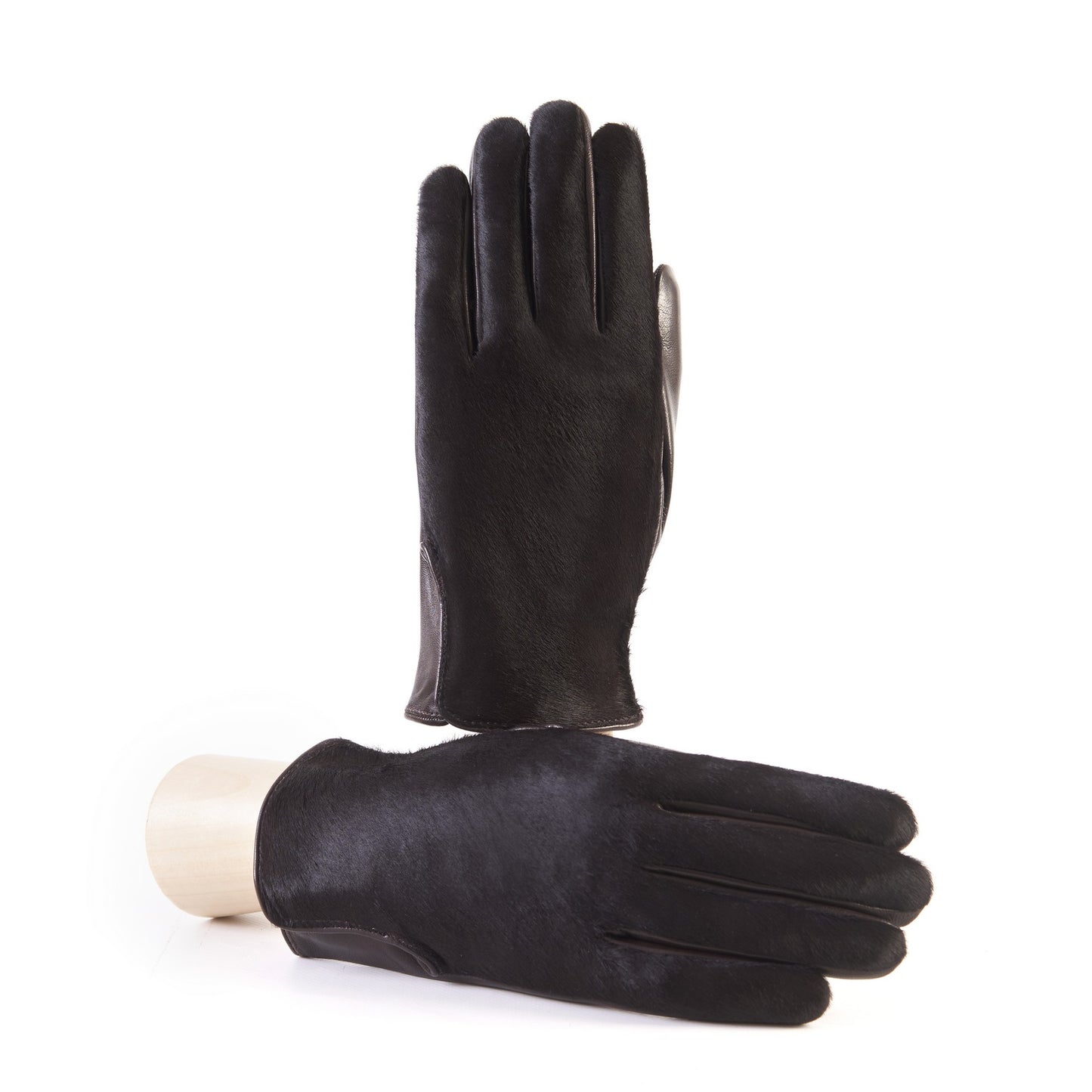 Men's brown nappa leather gloves with a pony panel on top and silk lined