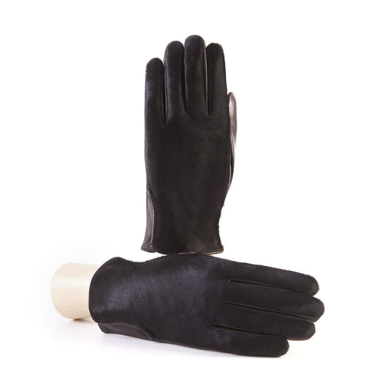 Men's brown nappa leather gloves with a pony panel on top and silk lined