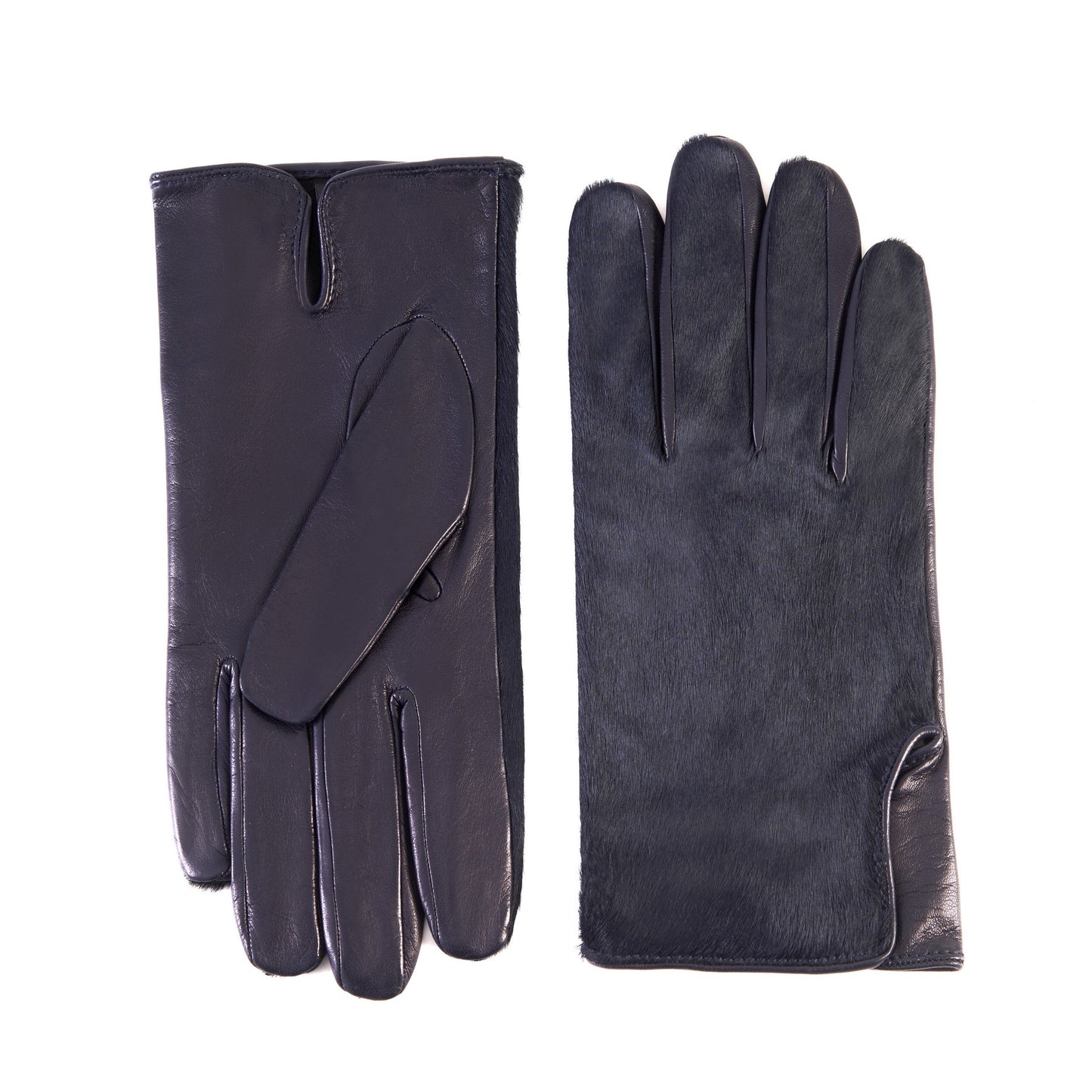 Men's navy nappa leather gloves with a pony panel on top and silk lined