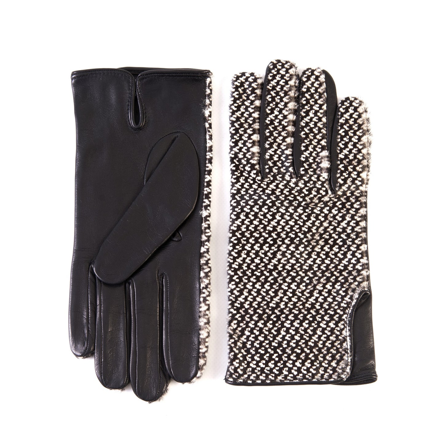 Men's black nappa leather gloves with a pony panel on top and silk lined