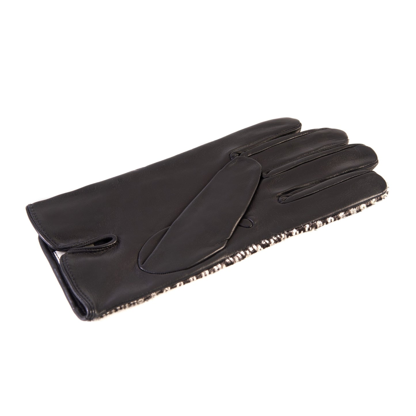 Men's black nappa leather gloves with a pony panel on top and silk lined