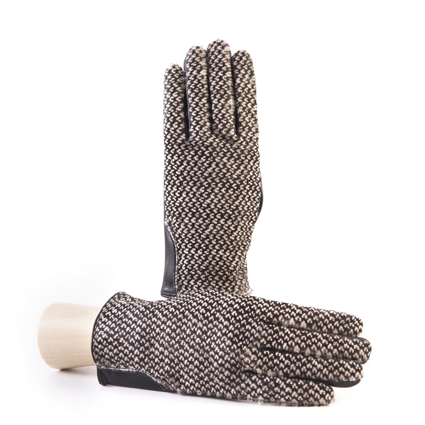 Men's black nappa leather gloves with a pony panel on top and silk lined