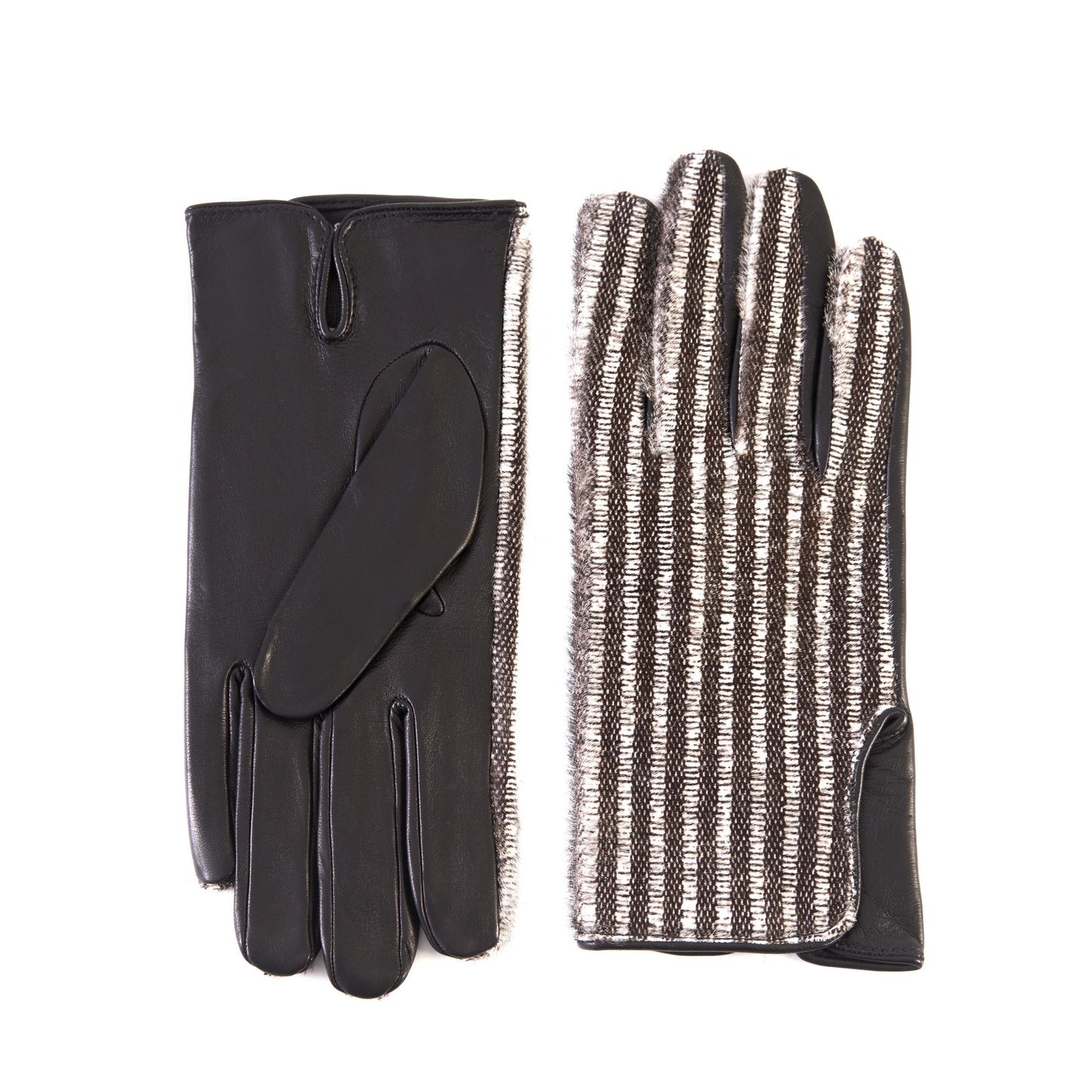 Men's black nappa leather gloves with a pony panel on top and silk lined