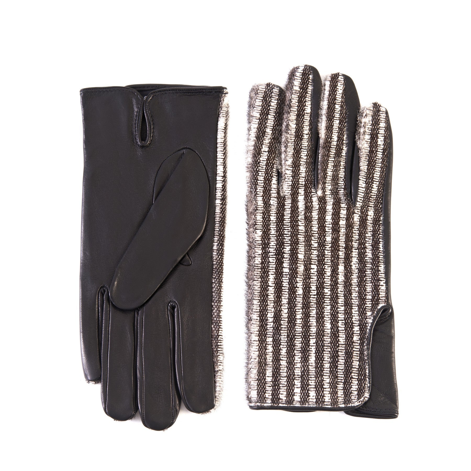Men's black nappa leather gloves with a pony panel on top and silk lined