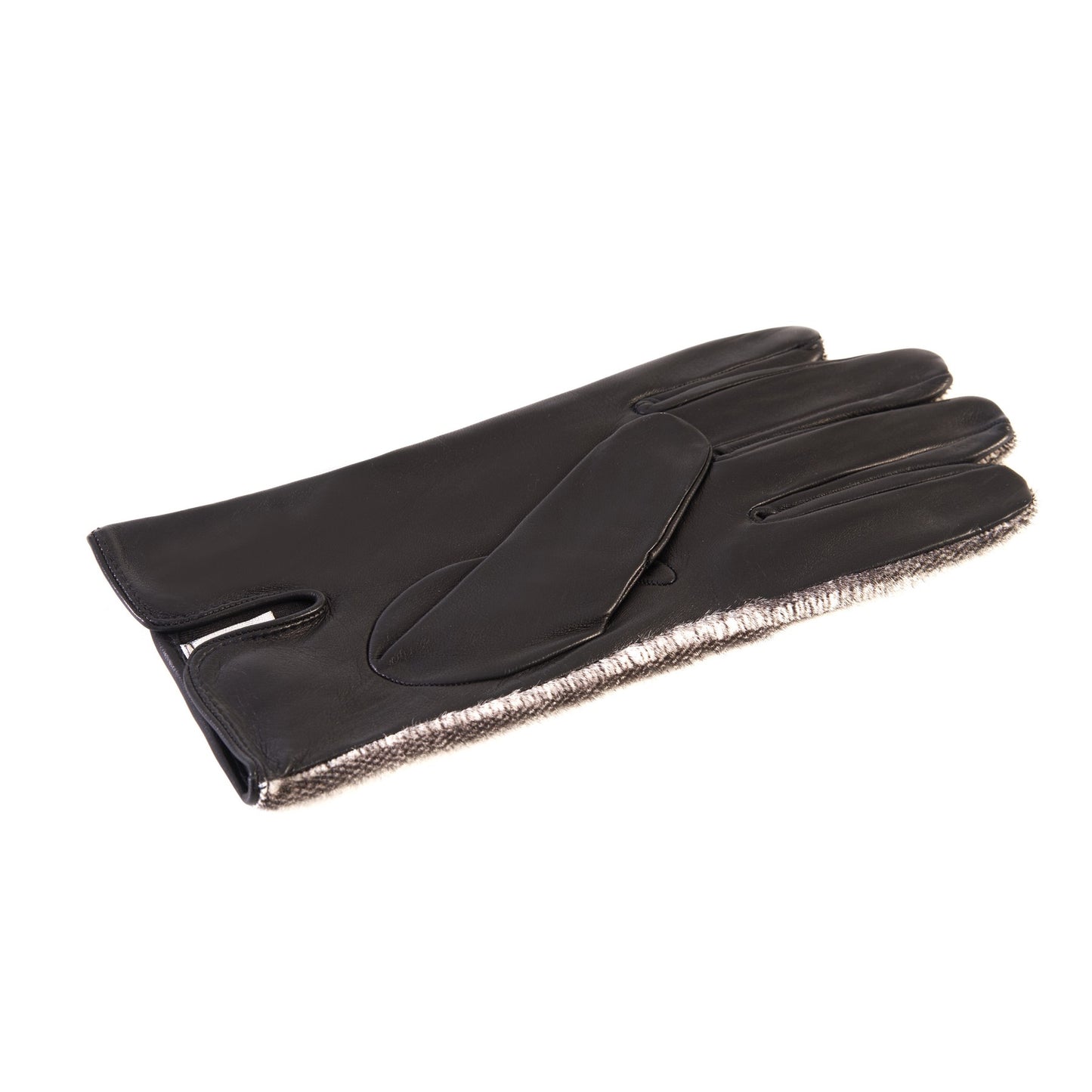 Men's black nappa leather gloves with a pony panel on top and silk lined
