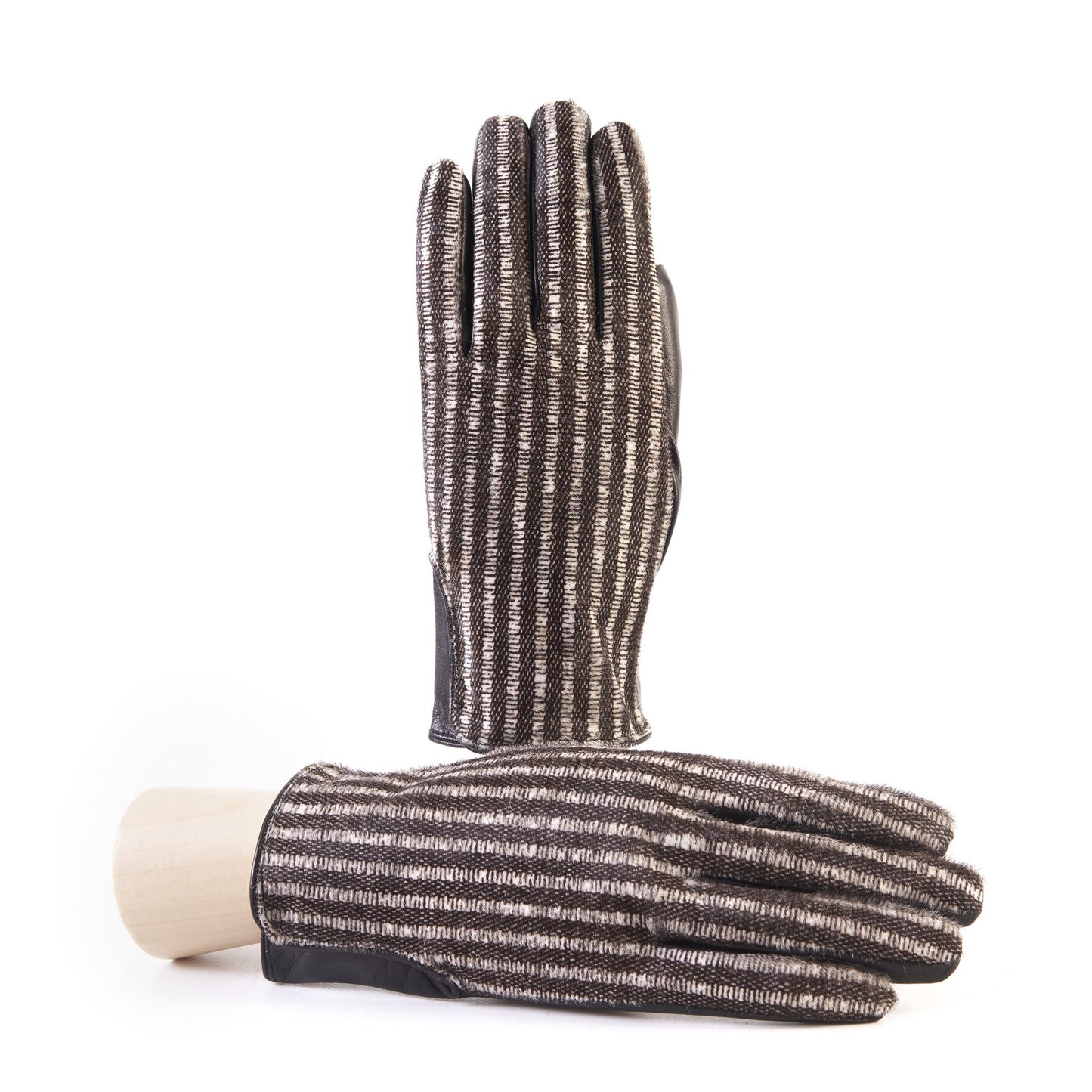 Men's black nappa leather gloves with a pony panel on top and silk lined