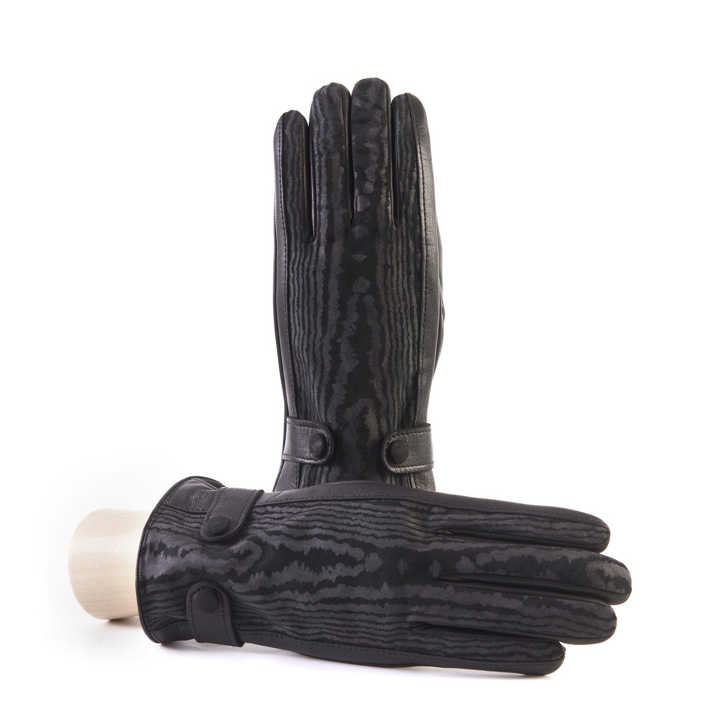 Men's black nappa and printed suede leather gloves with buttons and elastic on palm