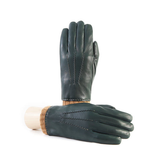 Men's green nappa leather gloves with coloured cashmere lining and cuff