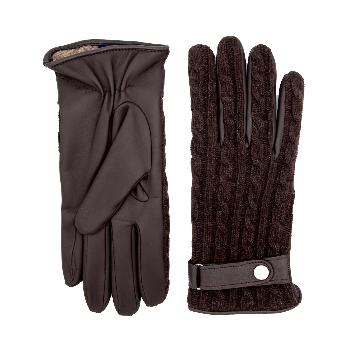 Men's brown nappa touch leather gloves with weaved wool top and leather strap
