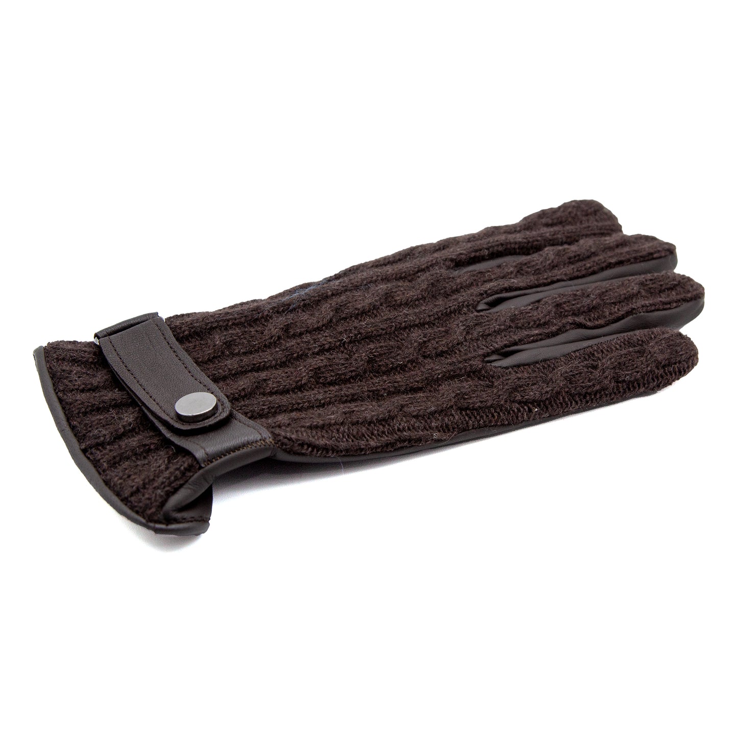Men's brown nappa touch leather gloves with weaved wool top and leather strap