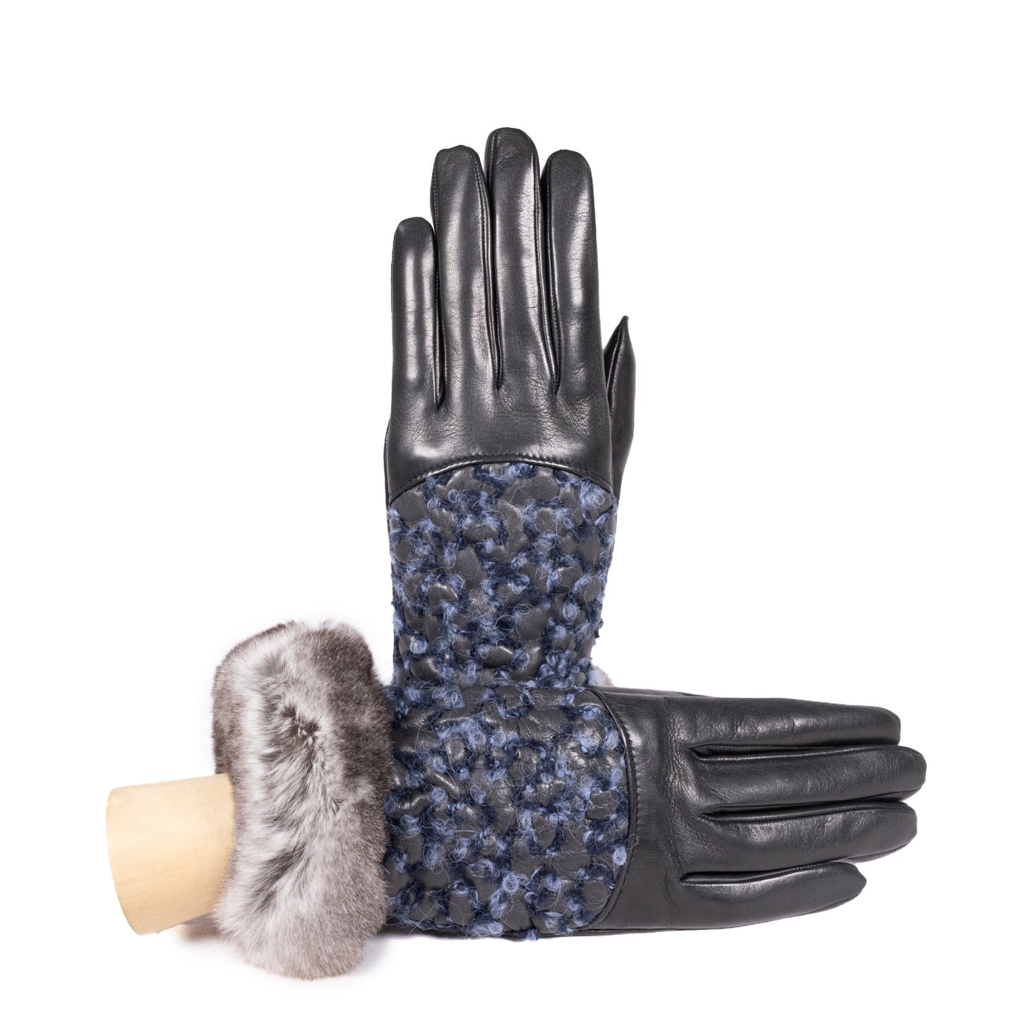 Ladies' black nappa leather gloves featuring a textured wool body and a luxurious rabbit fur cuff for elegant warmth.