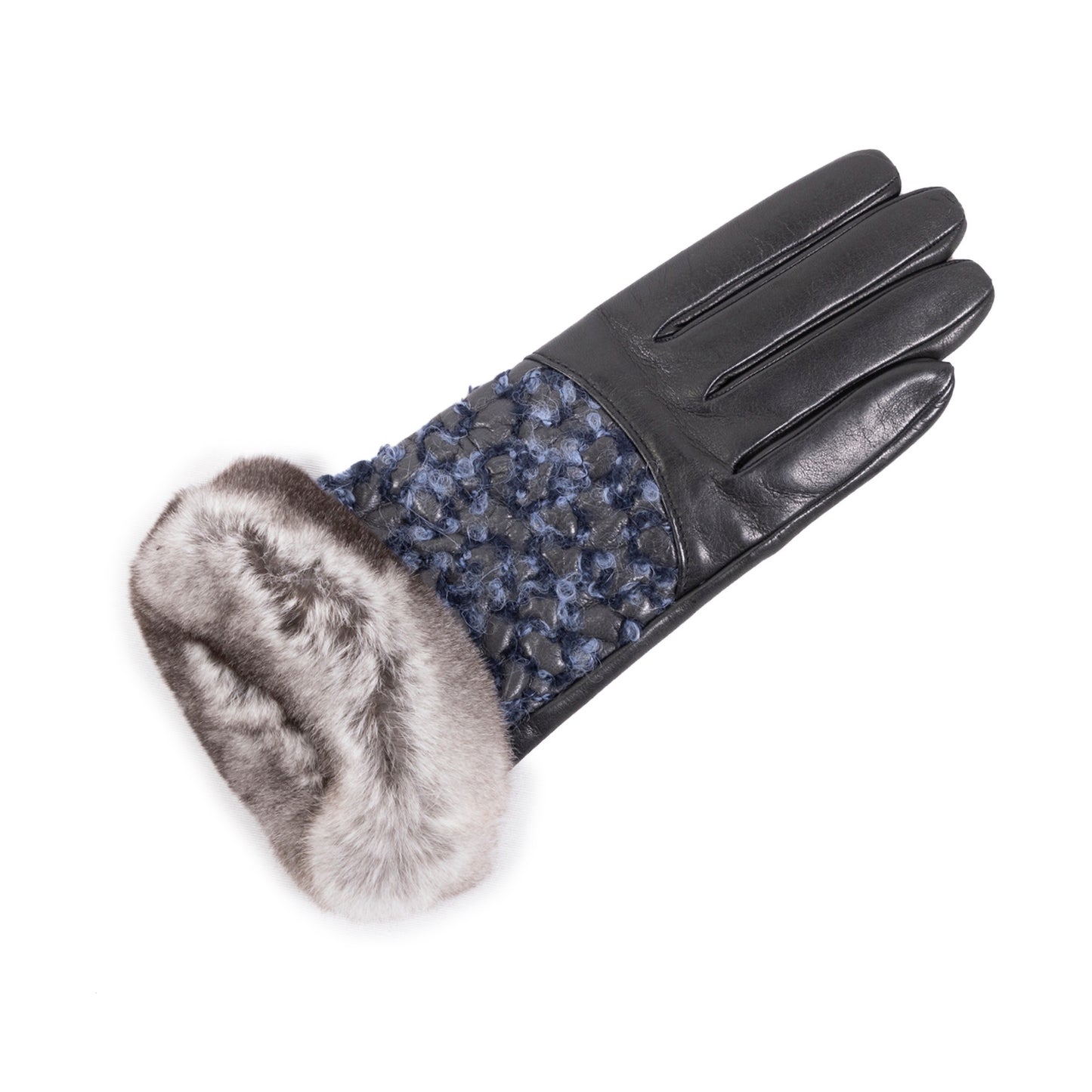 Ladies' black nappa leather gloves featuring a blue wool blend and a luxurious rabbit fur cuff for elegant winter style.