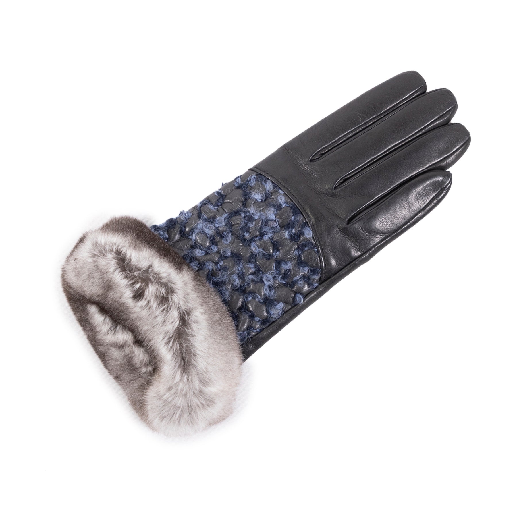 Ladies' black nappa leather gloves featuring a blue wool blend and a luxurious rabbit fur cuff for elegant winter style.