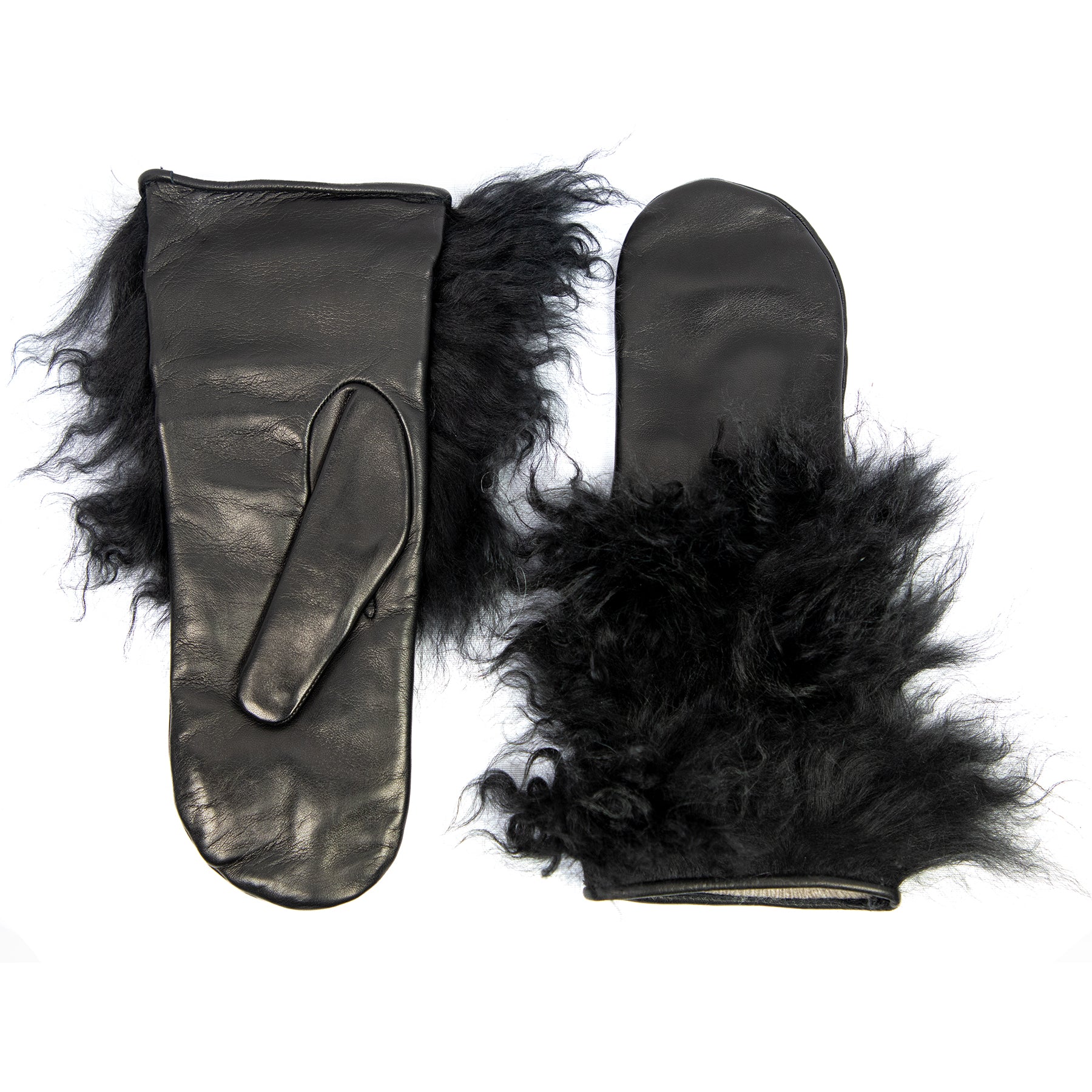 Black nappa leather mittens featuring luxurious Mongolia fur trim, showcasing elegant Italian craftsmanship and premium materials.