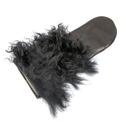Black nappa leather mitten gloves featuring luxurious Mongolia fur, showcasing elegant Italian craftsmanship and premium materials.