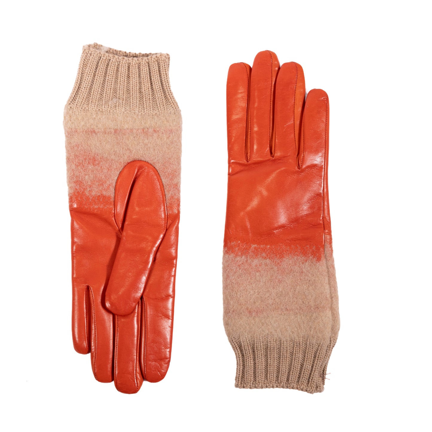 Ladies' nappa leather gloves featuring a vibrant orange hue and soft wool blend, showcasing elegant Italian craftsmanship.