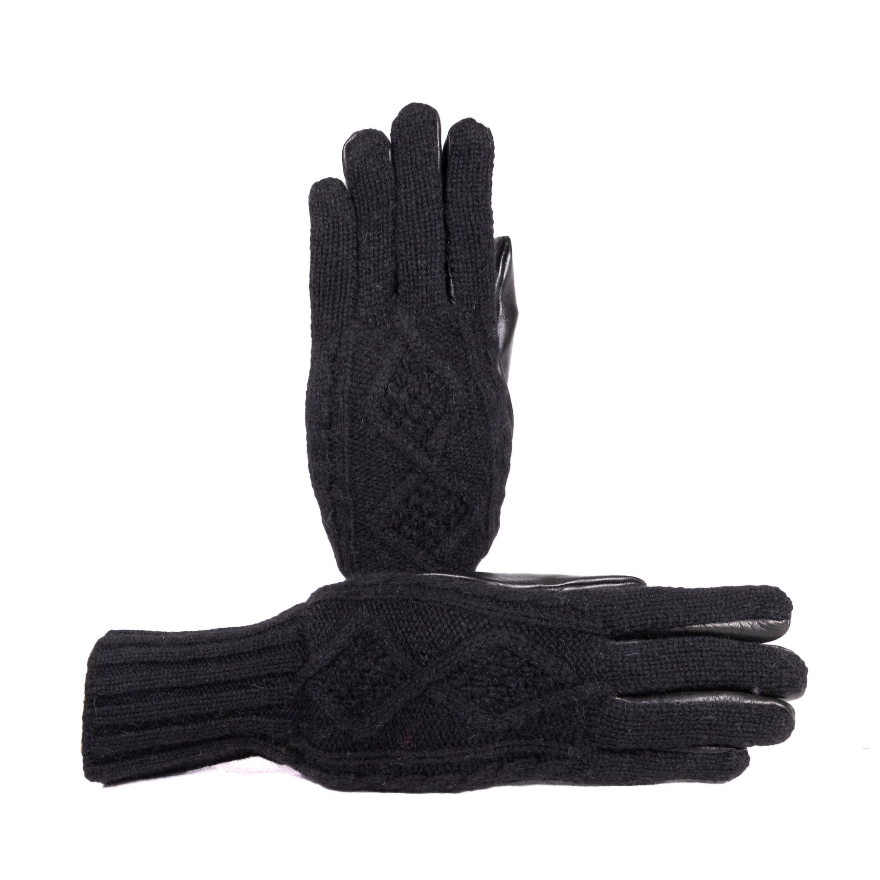 Ladies' black leather gloves featuring a woven cashmere top and wool lining, showcasing elegant Italian craftsmanship.