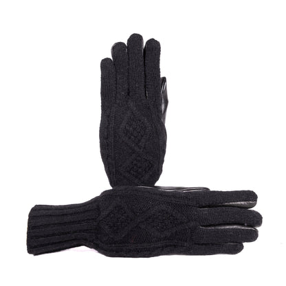 Ladies' black leather gloves featuring a woven cashmere top and wool lining, showcasing elegant Italian craftsmanship.