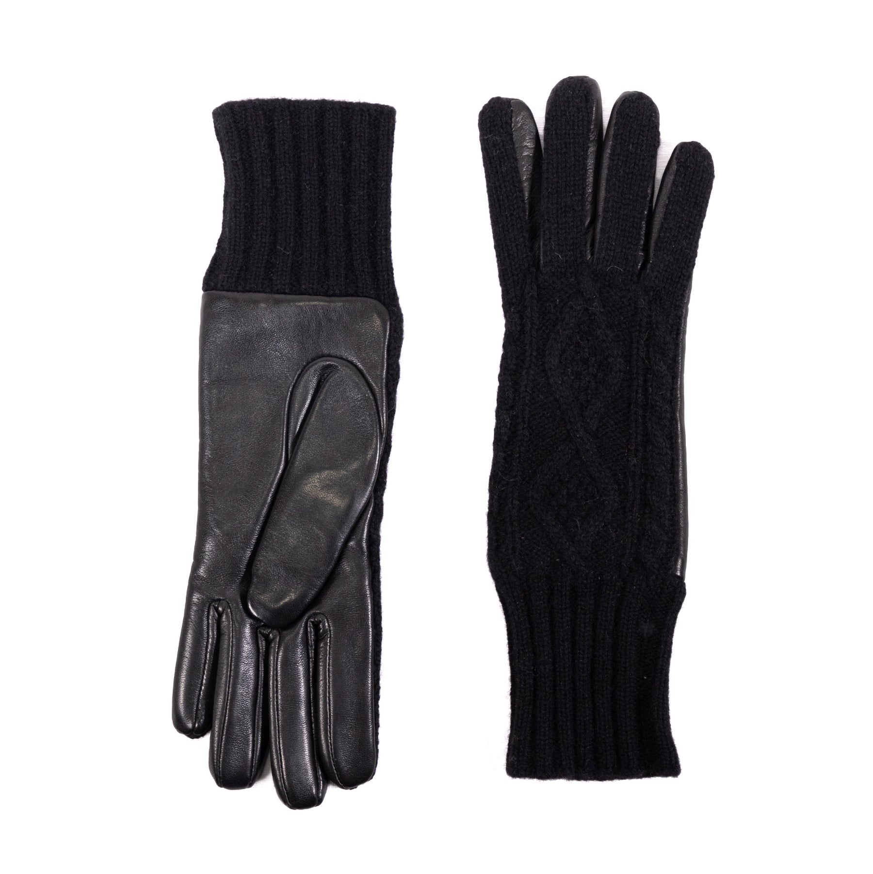 Ladies' black leather gloves featuring a woven cashmere top and wool lining for warmth and elegance in winter fashion.