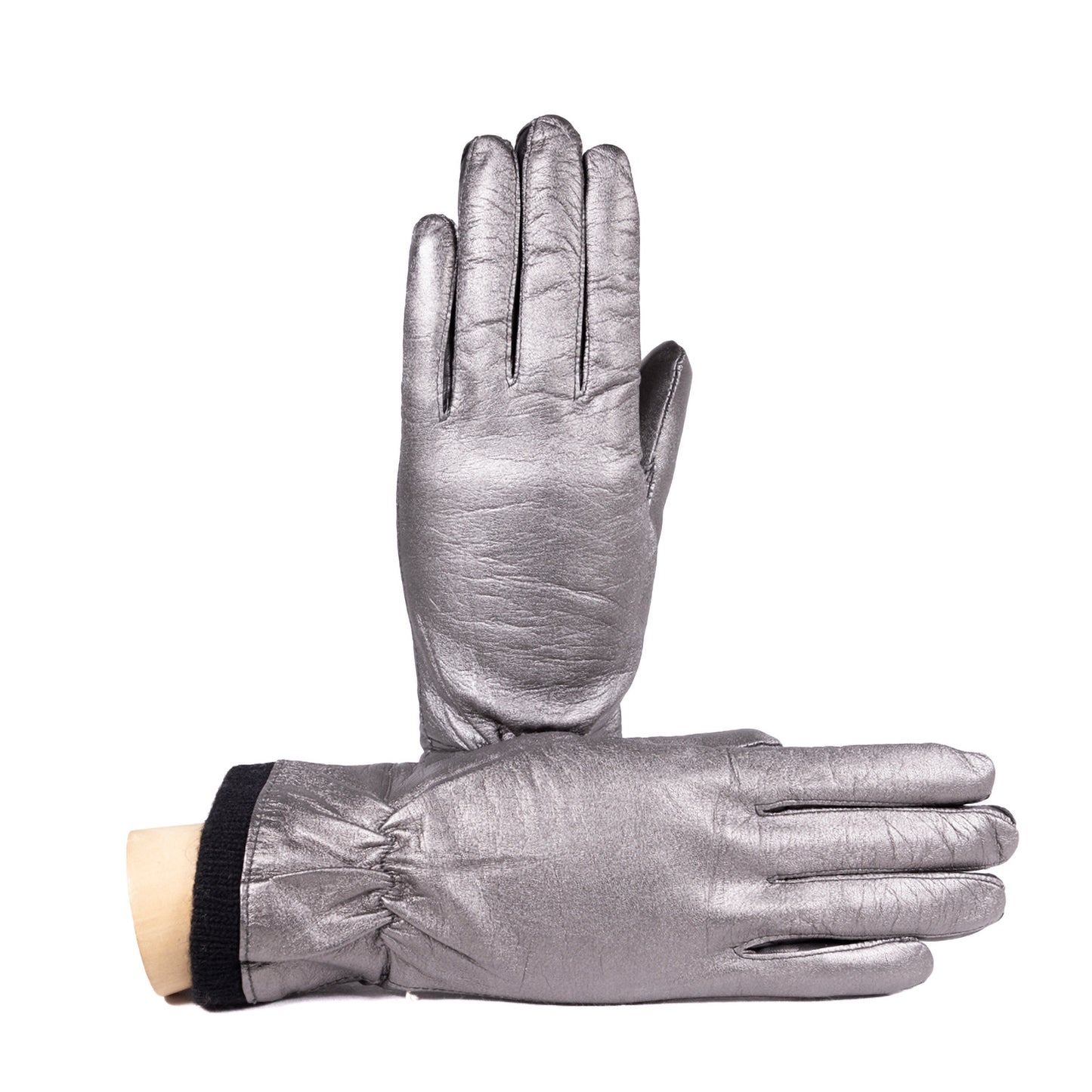 Ladies' metallic leather gloves with wool lining, showcasing a sleek design and luxurious shine, perfect for elegant style.