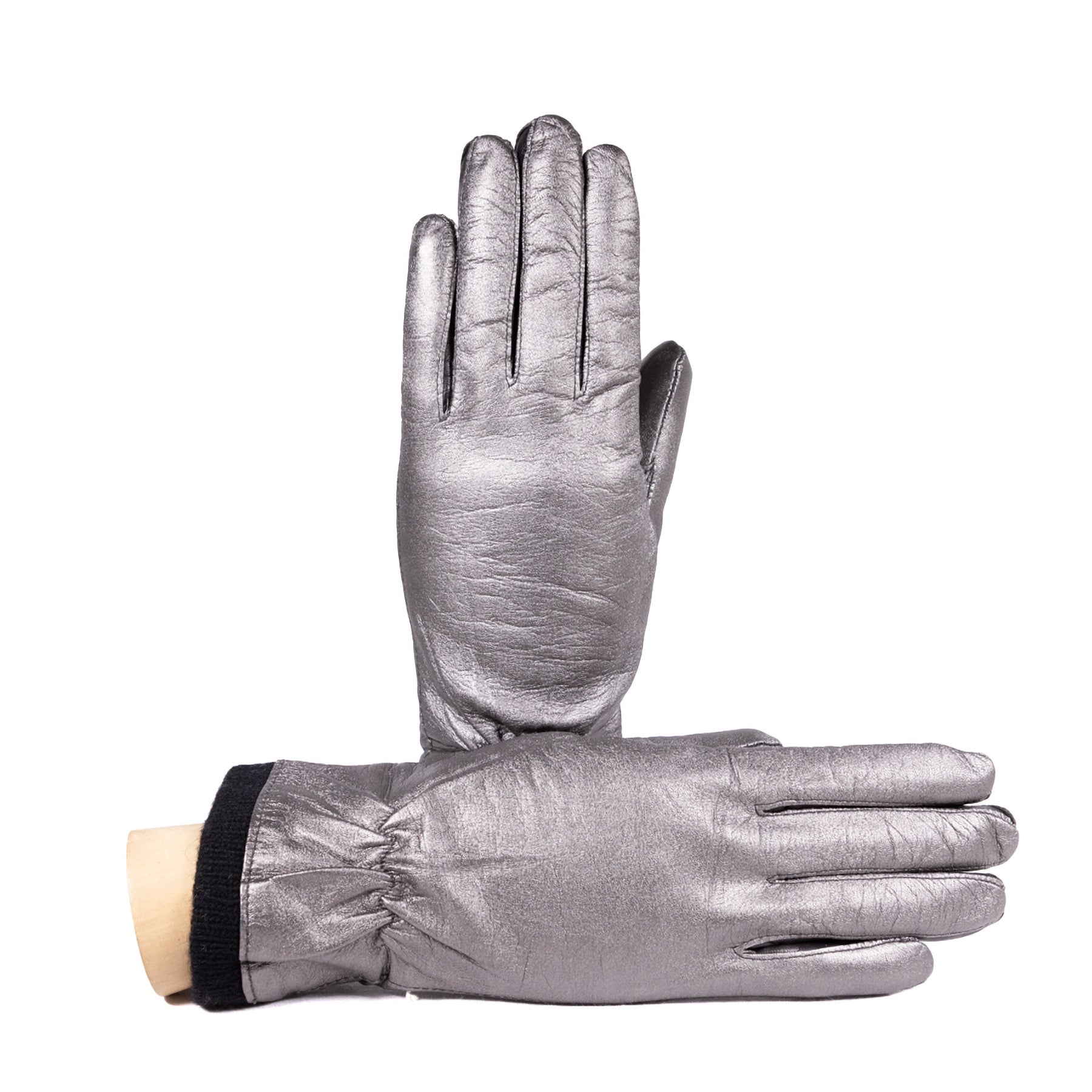 Ladies' metallic leather gloves with wool lining, showcasing a sleek design and luxurious shine, perfect for elegant style.