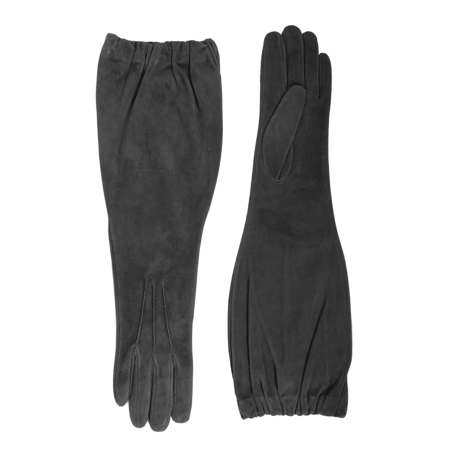 Ladies' mid-length black suede leather gloves, elegantly designed with a soft silk lining for a luxurious feel.