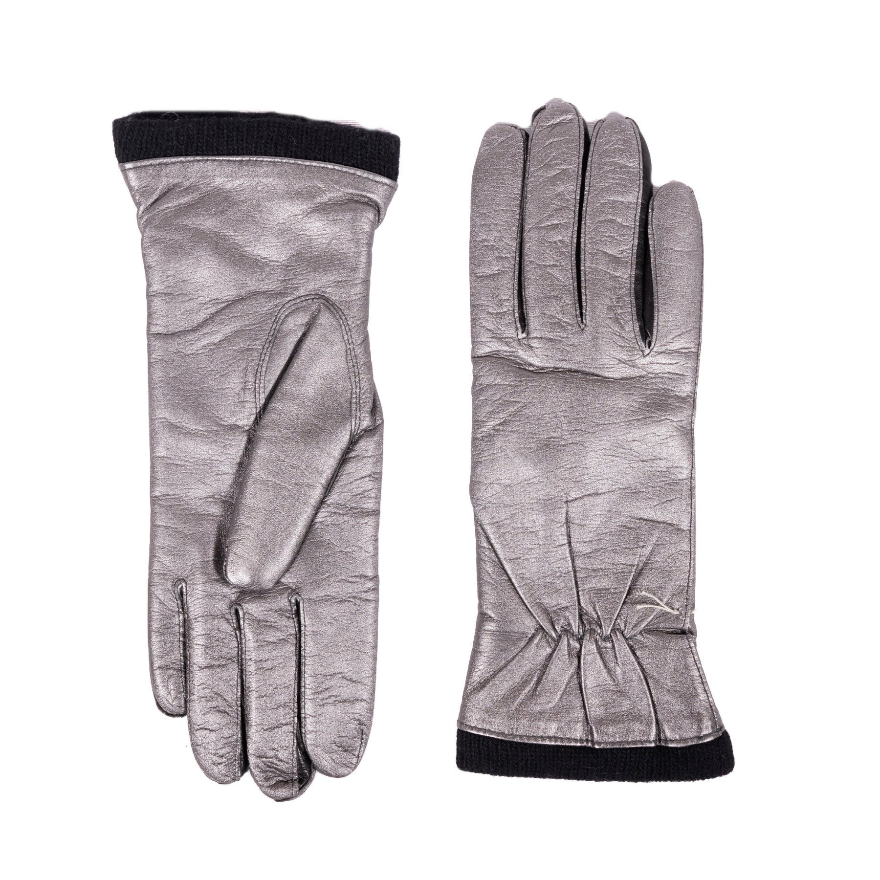 Ladies' metallic leather gloves with wool lining, featuring a sleek design and elegant black trim for a luxurious touch.