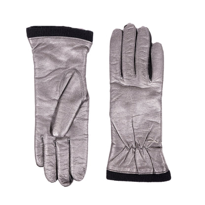 Ladies' metallic leather gloves with wool lining, featuring a sleek design and elegant black trim for a luxurious touch.