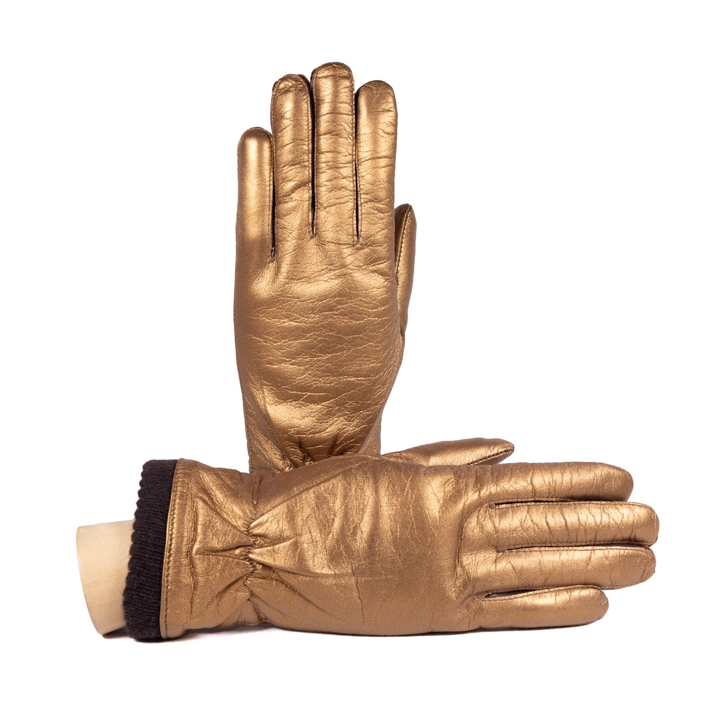Ladies' metallic leather gloves in gold, featuring a soft wool lining and elegant design for luxury winter wear.