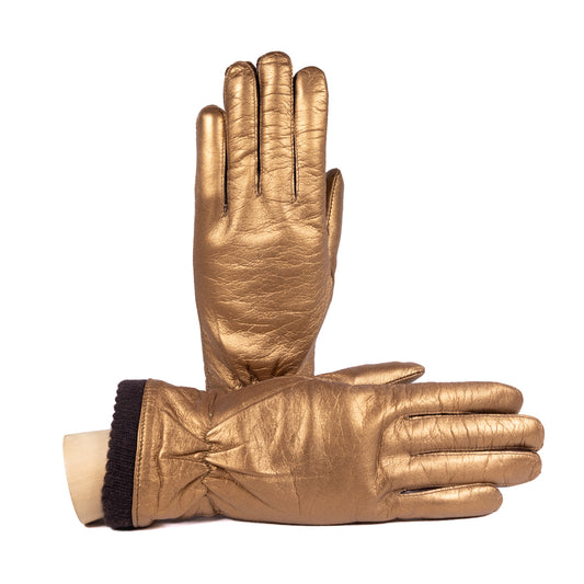Ladies' metallic leather gloves in gold, featuring a soft wool lining and elegant design for luxury winter wear.