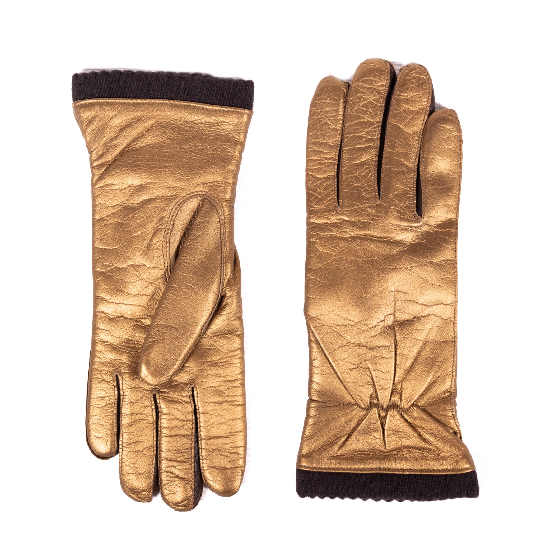 Ladies' metallic leather gloves featuring a soft wool lining, showcasing Italian craftsmanship and elegant design.