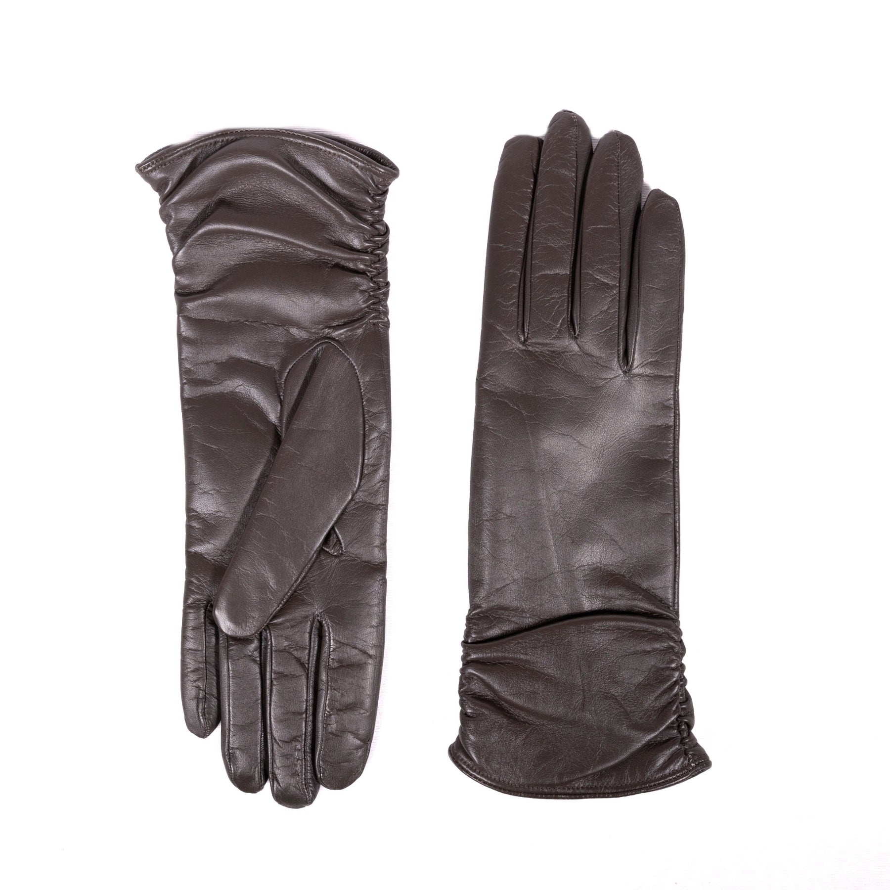 Elegant dark brown leather gloves featuring a soft cashmere lining and gathered wrist detail for a refined look.