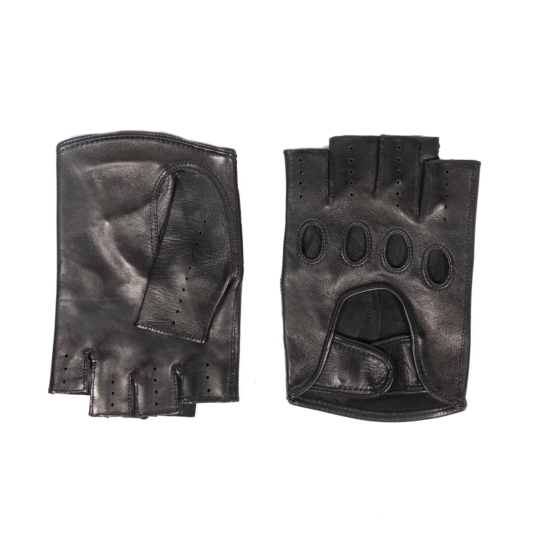 Mens black leather half-finger driving gloves featuring a strap closure and perforated detailing for breathability and style.