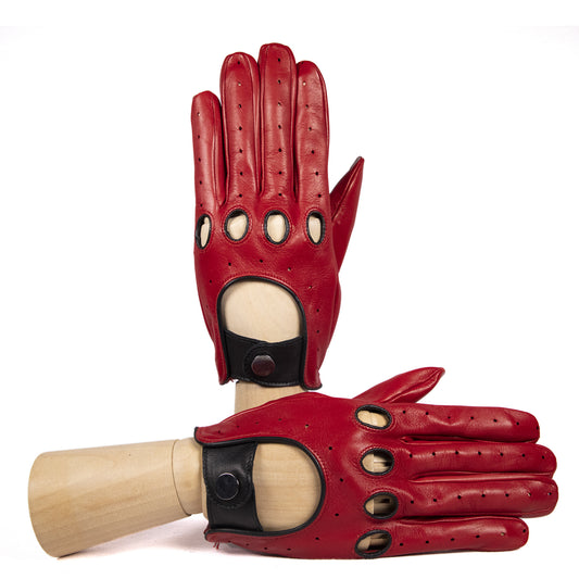Men's unlined red leather driving gloves with button closure