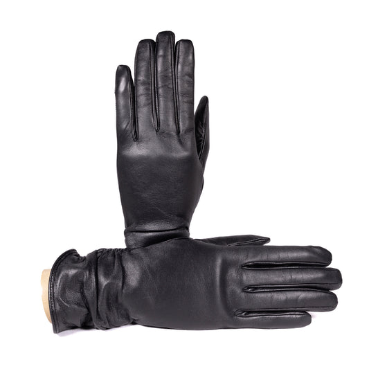 Black leather ladies' touchscreen gloves, elegantly lined with cashmere for added warmth and comfort.