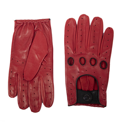 Men's unlined red leather driving gloves with button closure
