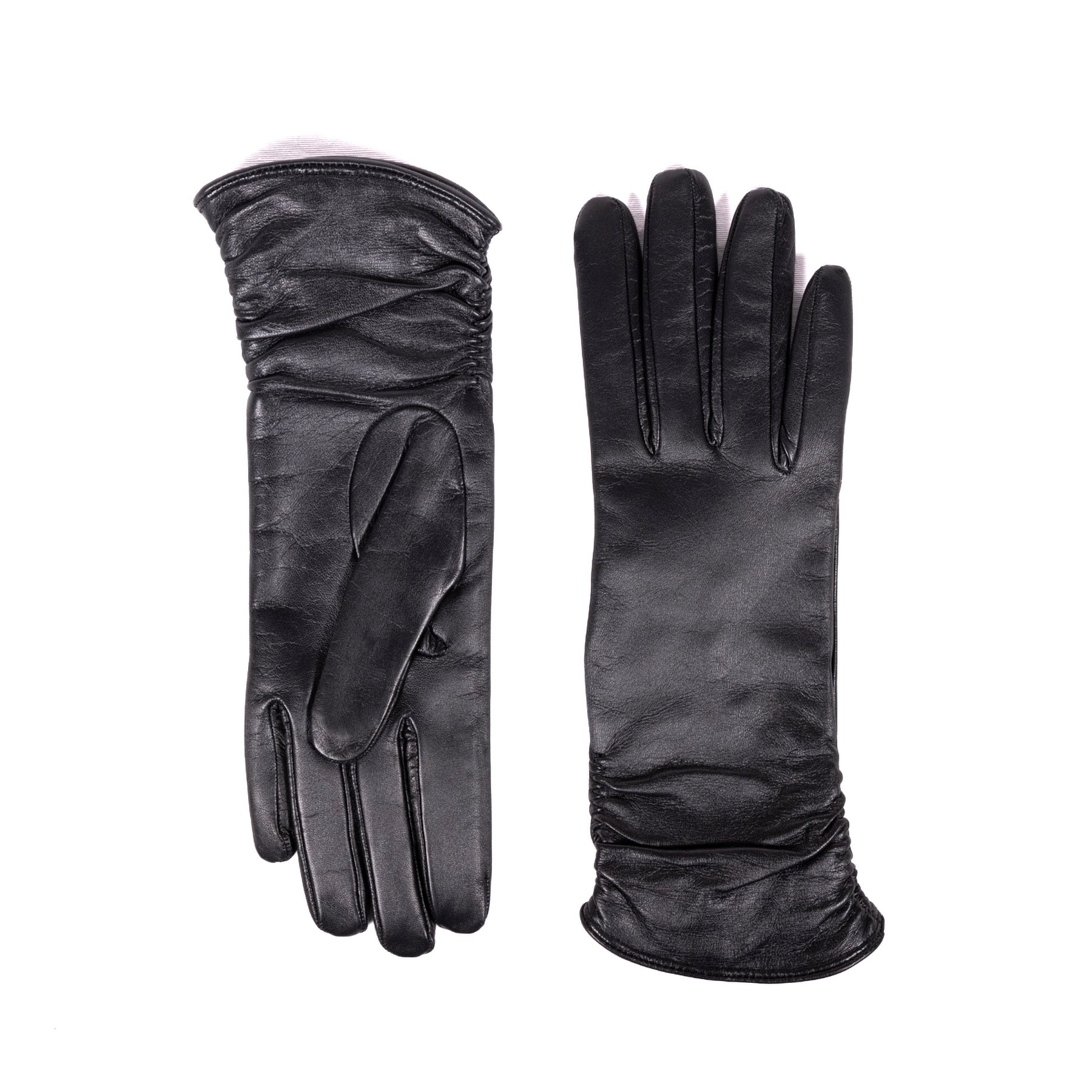Ladies' black leather touchscreen gloves, elegantly lined with cashmere, showcasing refined Italian craftsmanship.