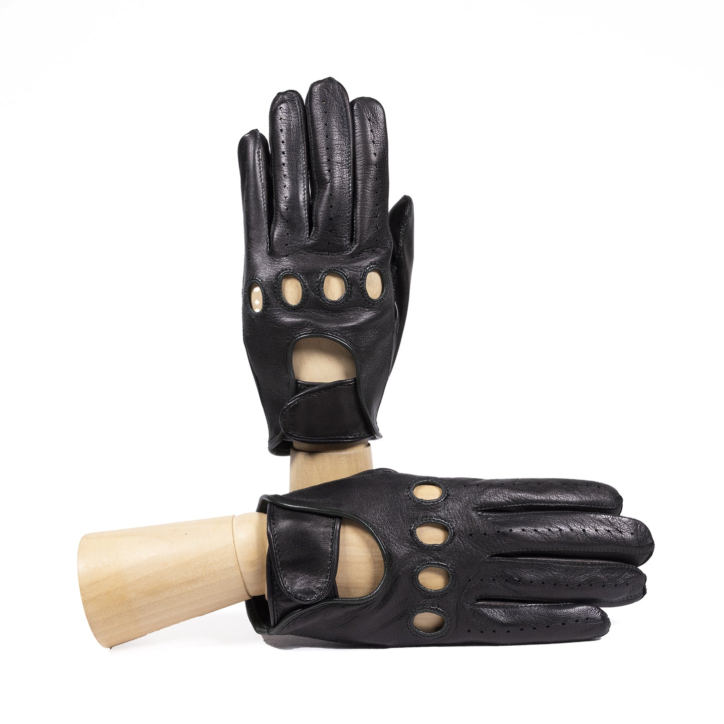 Men's black leather driving gloves with strap closure