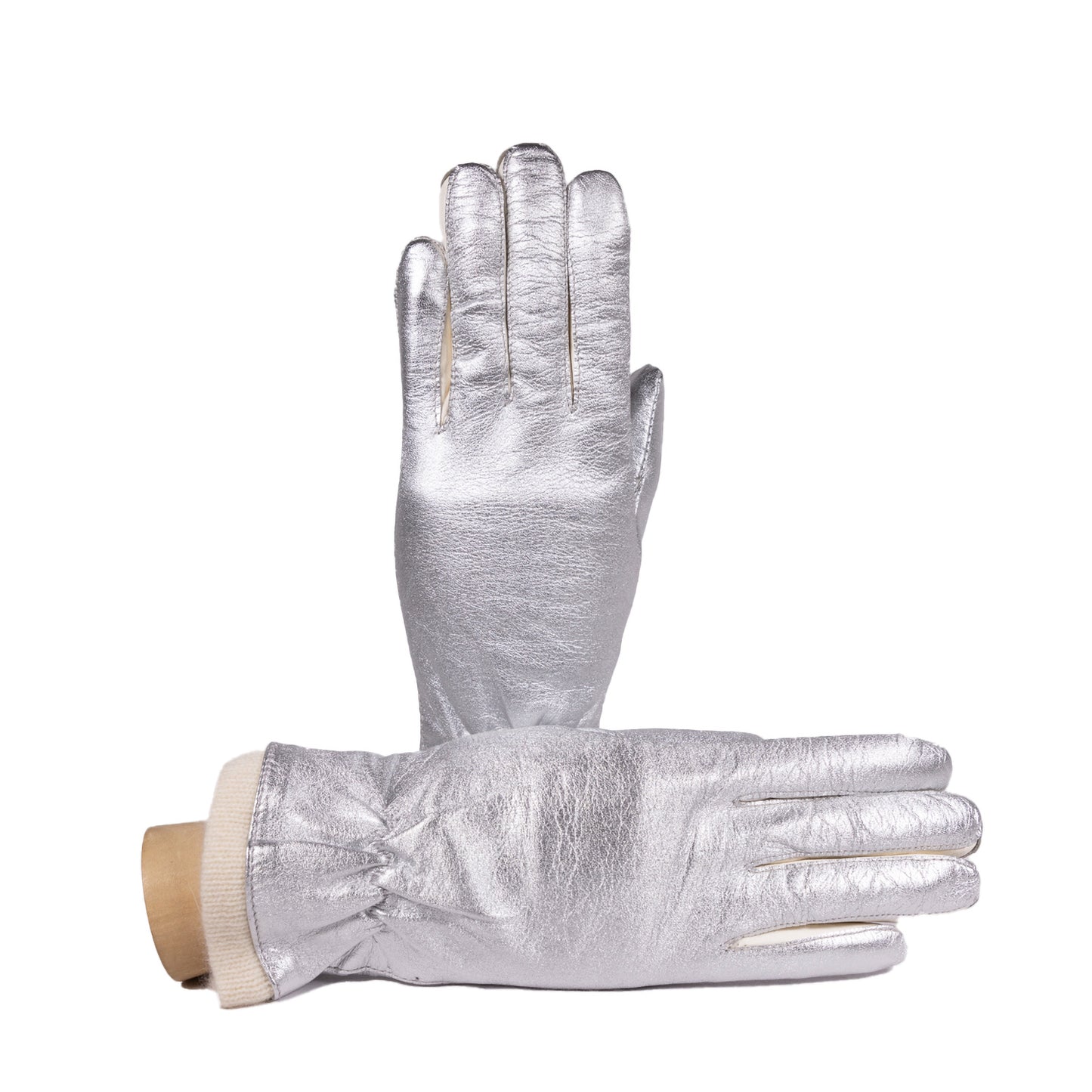 Ladies' metallic leather gloves with soft wool lining, showcasing elegant design and Italian craftsmanship.