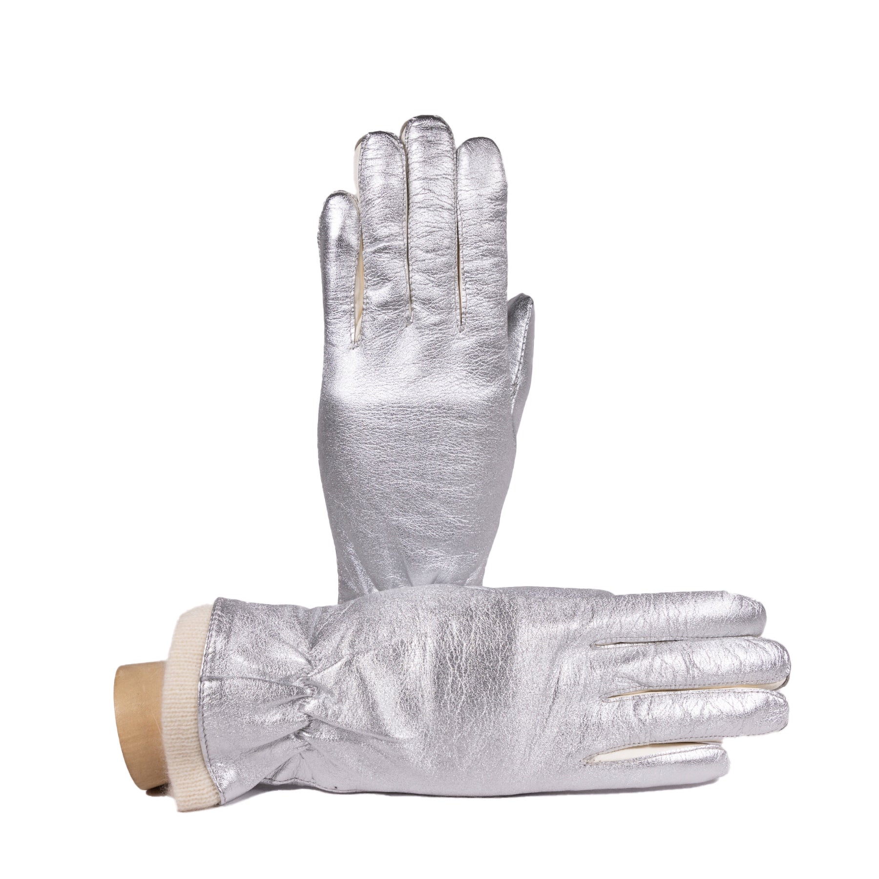 Ladies' metallic leather gloves with soft wool lining, showcasing elegant design and Italian craftsmanship.