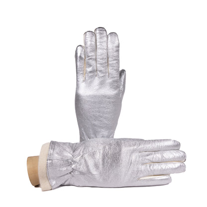 Ladies' metallic leather gloves with soft wool lining, showcasing elegant design and Italian craftsmanship.