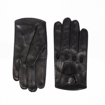 Men's black leather driving gloves with strap closure