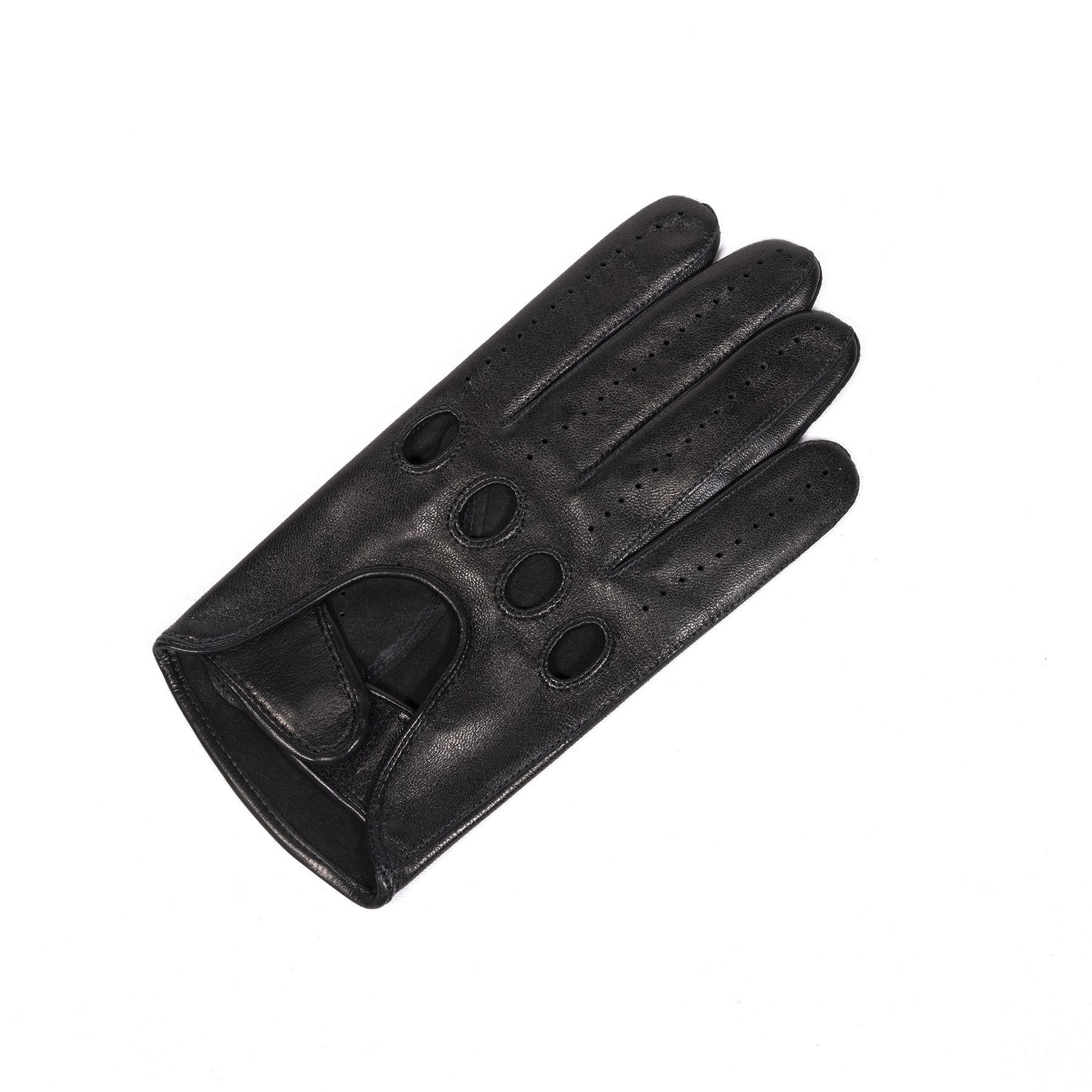 Men's black leather driving glove featuring perforations and a strap closure, showcasing Italian craftsmanship and elegant design.